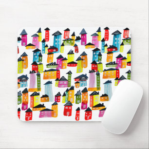 Cute colourful houses watercolor art mouse mat