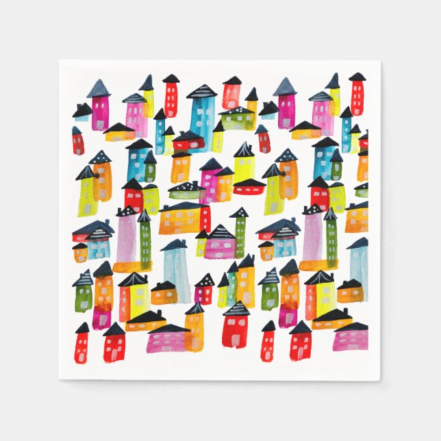 Cute colourful houses watercolor art napkin (Front)