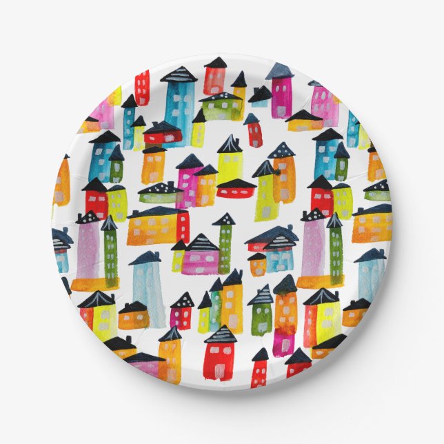 Cute colourful houses watercolor art paper plate (Front)