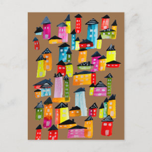 Cute colourful houses watercolor art postcard