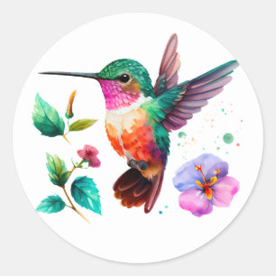 Cute Colourful Hummingbird and flowers Classic Round Sticker