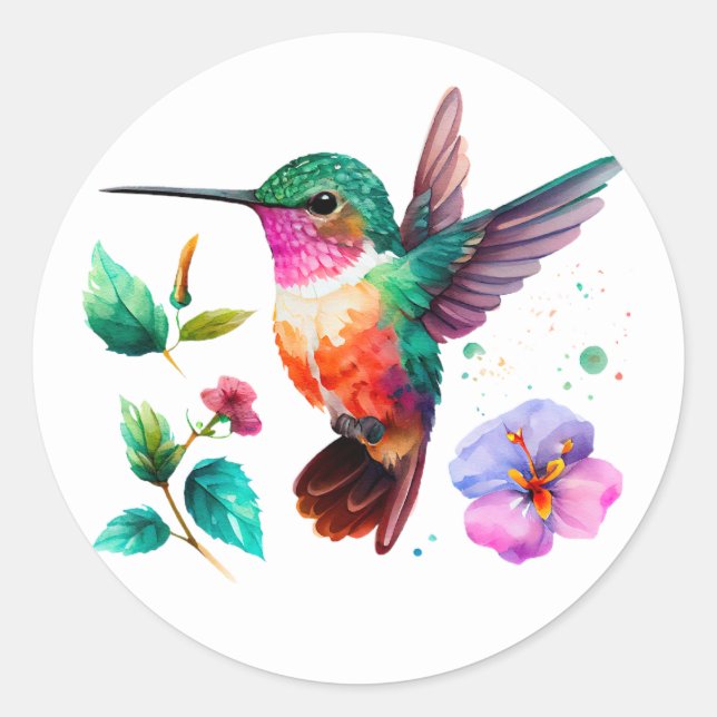 Cute Colourful Hummingbird and flowers Classic Round Sticker (Front)