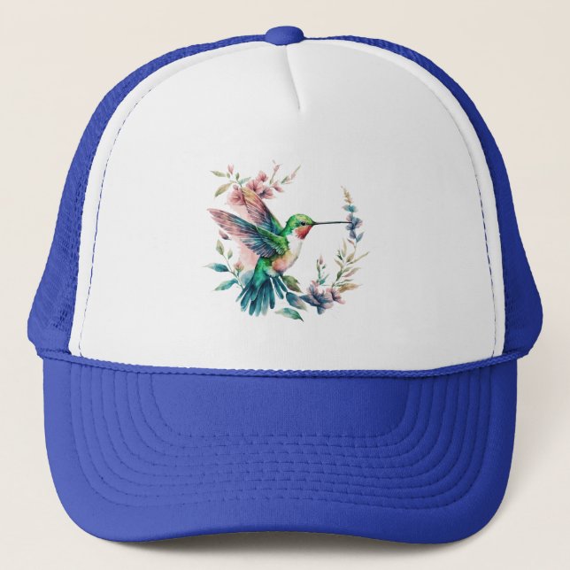 Cute Colourful Hummingbird and flowers Trucker Hat (Front)
