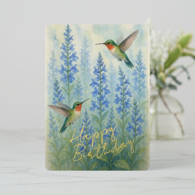 Cute Colourful Hummingbirds Gold Foil Birthday Car Foil Holiday Card (Standing Front)