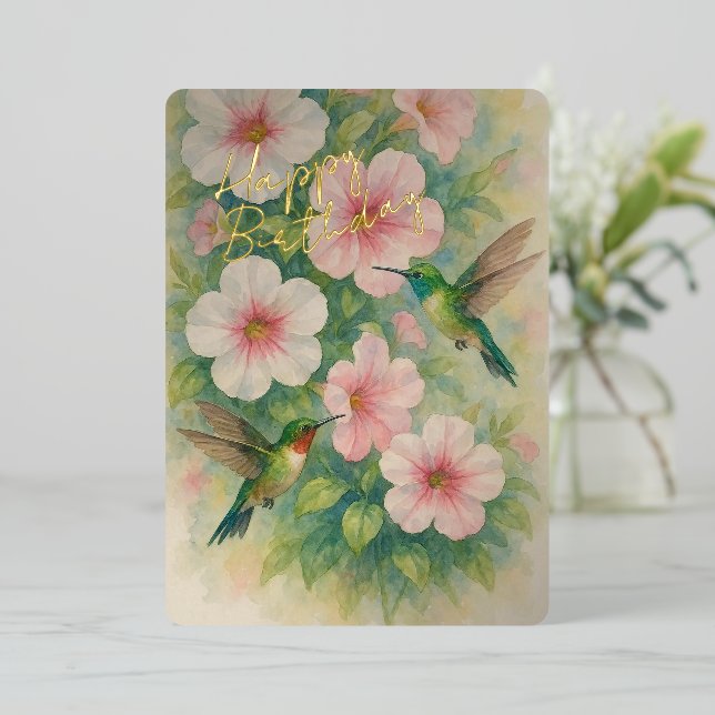 Cute Colourful Hummingbirds Gold Foil Birthday Car Foil Holiday Card (Standing Front)