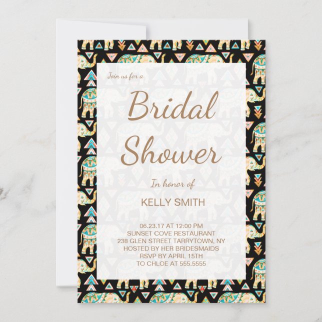 Cute colourful indian elephants bridal shower invitation (Front)