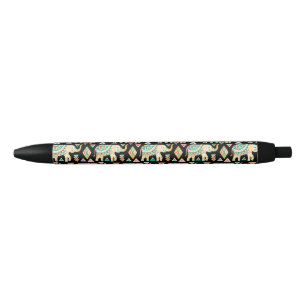Cute colourful indian elephants pattern black ink pen