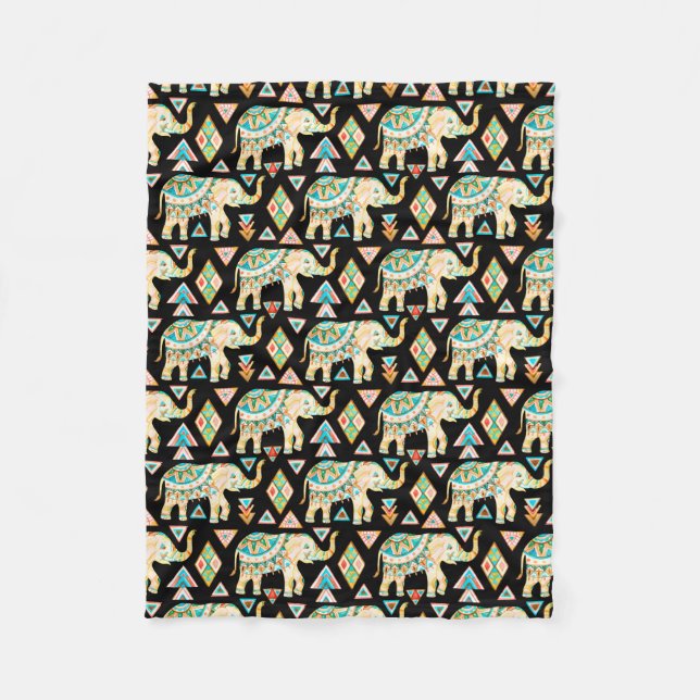 Cute colourful indian elephants pattern fleece blanket (Front)