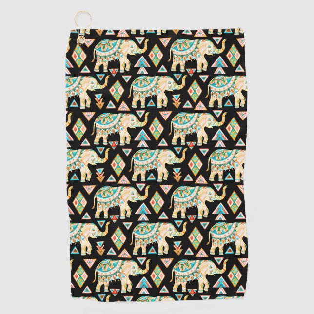 Cute colourful indian elephants pattern golf towel (Front)