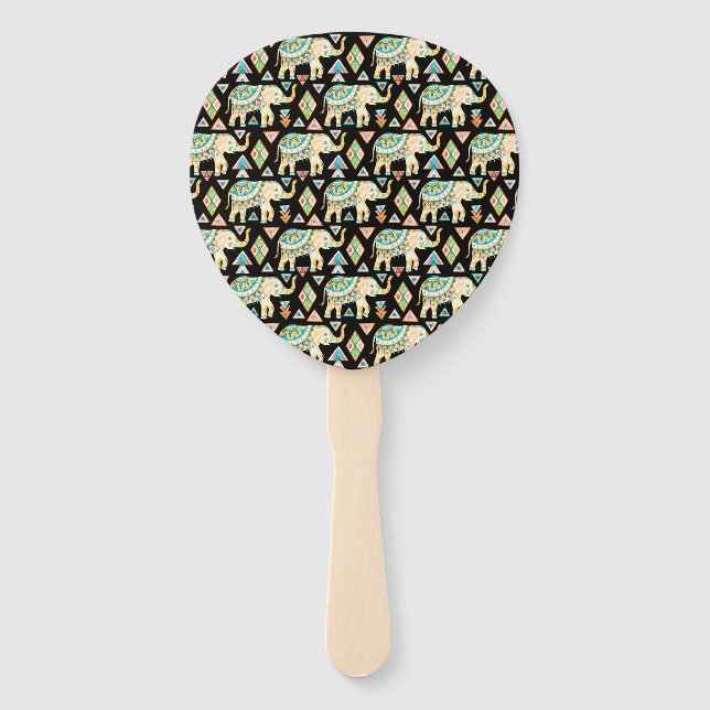 Cute colourful indian elephants pattern hand fan (Front)