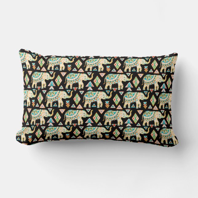 Cute colourful indian elephants pattern lumbar cushion (Front)