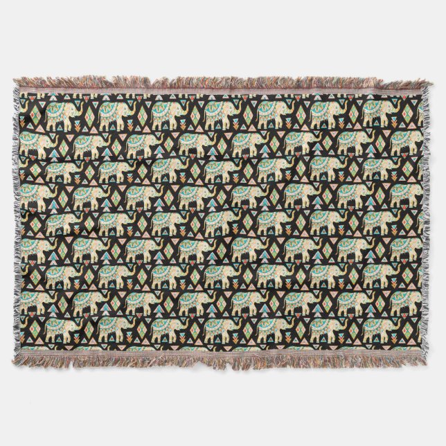 Cute colourful indian elephants pattern throw blanket (Front)