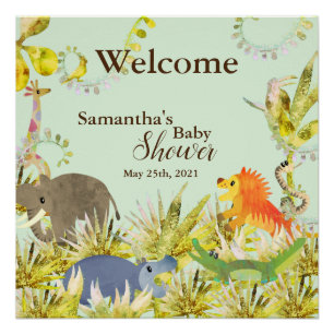 Cute Colourful Jungle Animals Tropical Baby Shower Poster