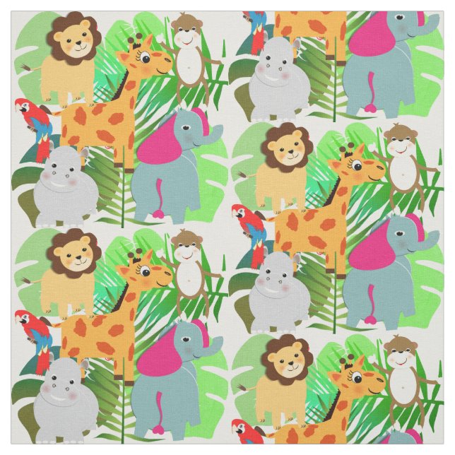 Cute Colourful Jungle Safari Kids Cartoon Animal Fabric (Swatch)
