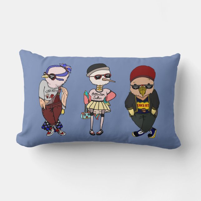 Cute Colourful Kawaii Birds Wearing Clothes Lumbar Cushion (Front)
