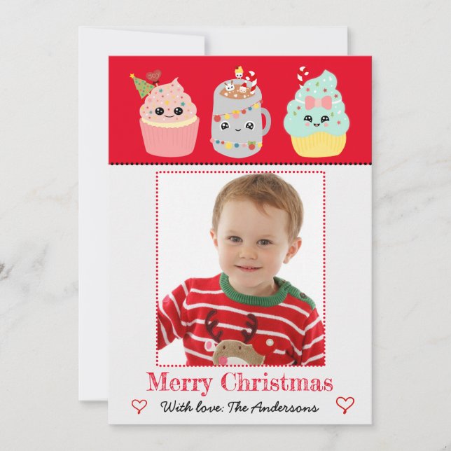 Cute Colourful Kawaii Cupcakes Photo Christmas Holiday Card (Front)
