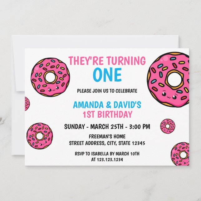 Cute Colourful Kawaii Doughnut Twin Joint 1st Birt Invitation (Front)