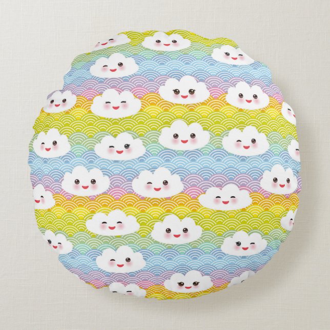 Cute Colourful Kawaii Emoji Clouds Pattern Round Cushion (Front)