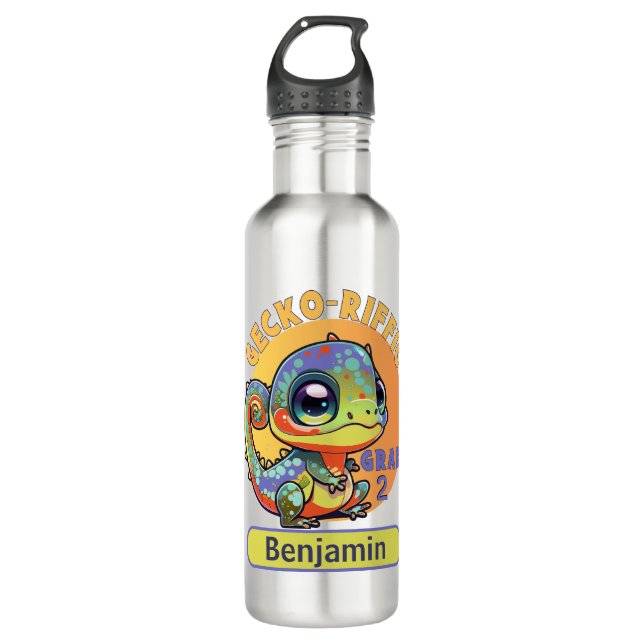 Cute Colourful Kawaii Gecko Custom Text Grade Name 710 Ml Water Bottle (Front)