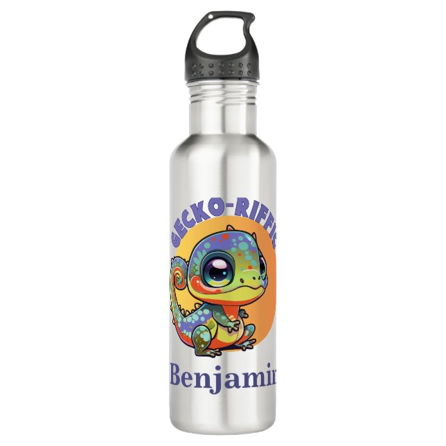 Cute Colourful Kawaii Gecko Custom Text Name Kids 710 Ml Water Bottle (Front)