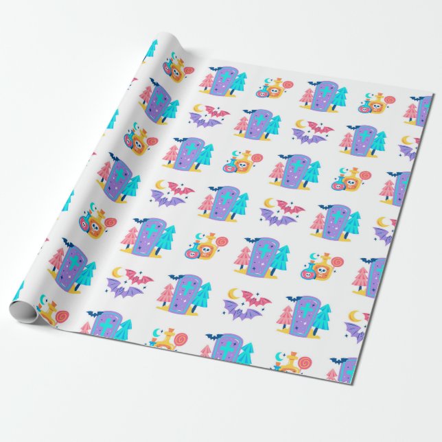 Cute Colourful Kids Halloween Party Gift Wrapping Paper (Unrolled)