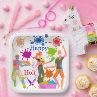 Cute Colourful kids playing Holi Party Paper Plate