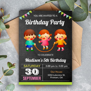 Cute Colourful Kids Skipping Rope Birthday Party Invitation