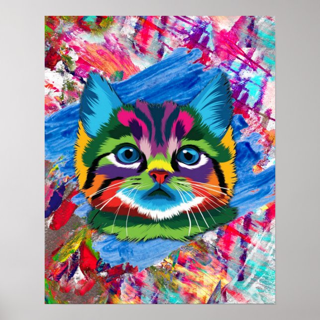 Cute Colourful Kitten Cat Whimsical  Poster (Front)
