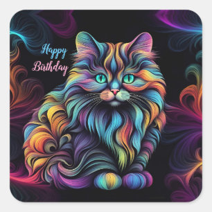 Cute Colourful Kitty Cat Art Birthday Square Sticker