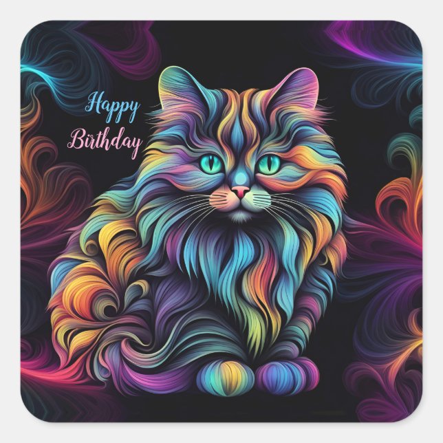 Cute Colourful Kitty Cat Art Birthday Square Sticker (Front)