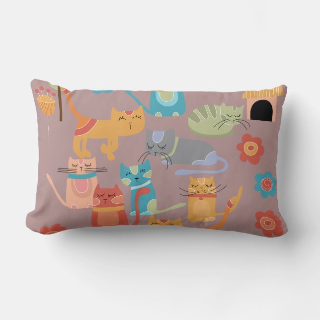 Cute Colourful Kitty Cats Gifts for Cat Lovers Pin Lumbar Cushion (Front)
