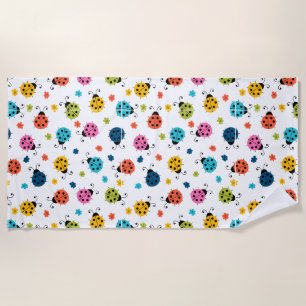 Cute Colourful Ladybugs White Pattern Beach Towel