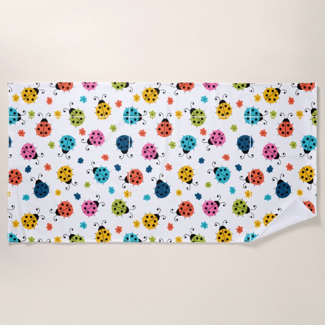 Cute Colourful Ladybugs White Pattern Beach Towel (Front)