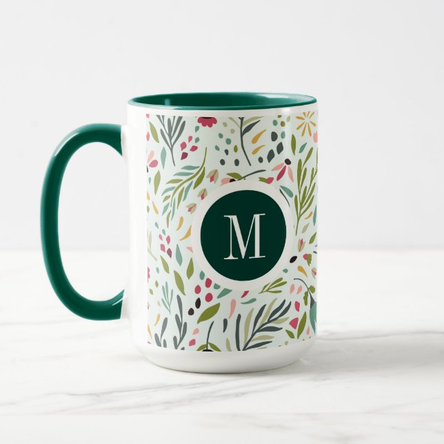 Cute Colourful Leafs And Flowers Monogram Mug (Left)