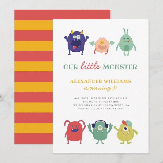 Cute Colourful Little Monster Kid's Birthday Invitation (Front/Back)