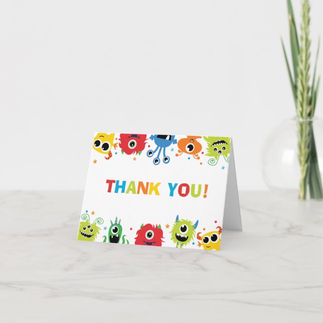 Cute Colourful Little Monsters Boy Birthday Tent Thank You Card (Front)