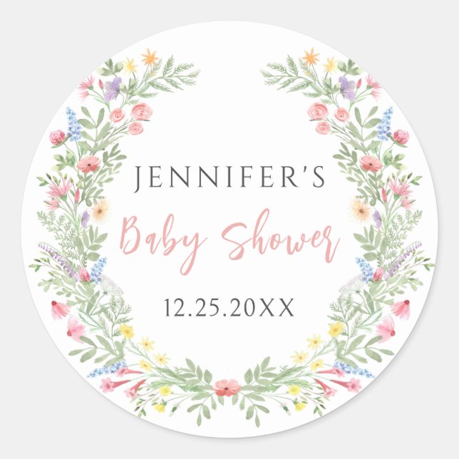 Cute colourful little wildflower baby girl shower classic round sticker (Front)
