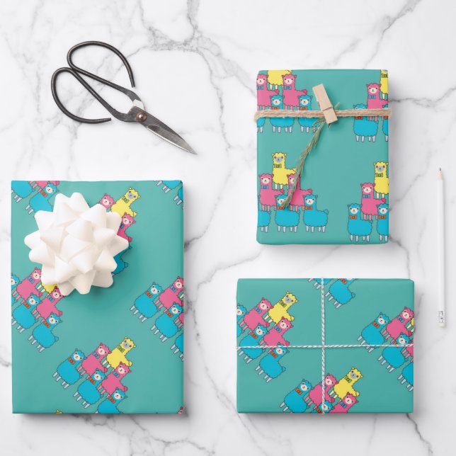 Cute colourful llama alpaca animals teal wrapping paper sheet (Front)
