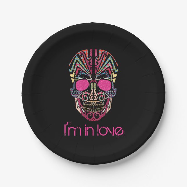 Cute colourful lover skull paper plate (Front)