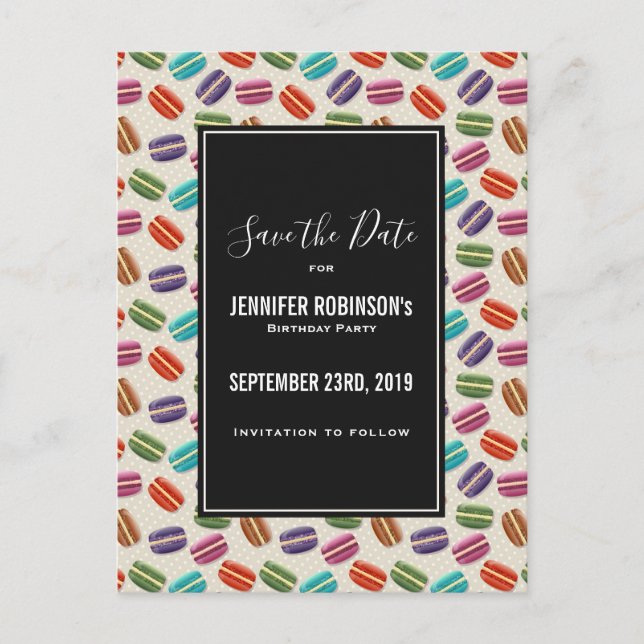 Cute Colourful Macarons Pattern Save the Date Postcard (Front)
