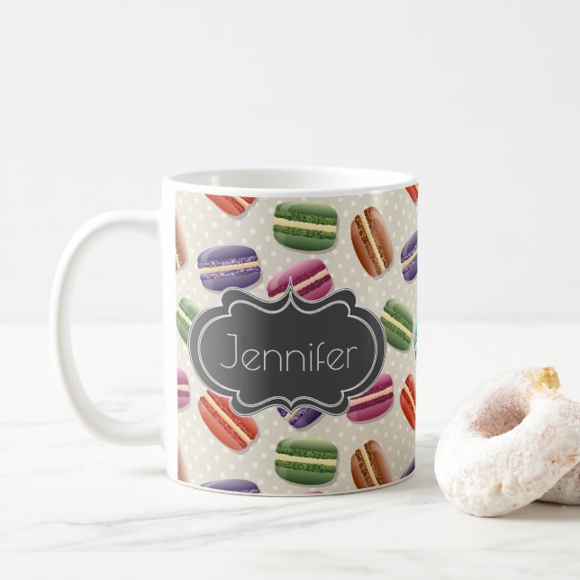 Cute Colourful Macarons Pattern with Polka Dots Coffee Mug (With Donut)