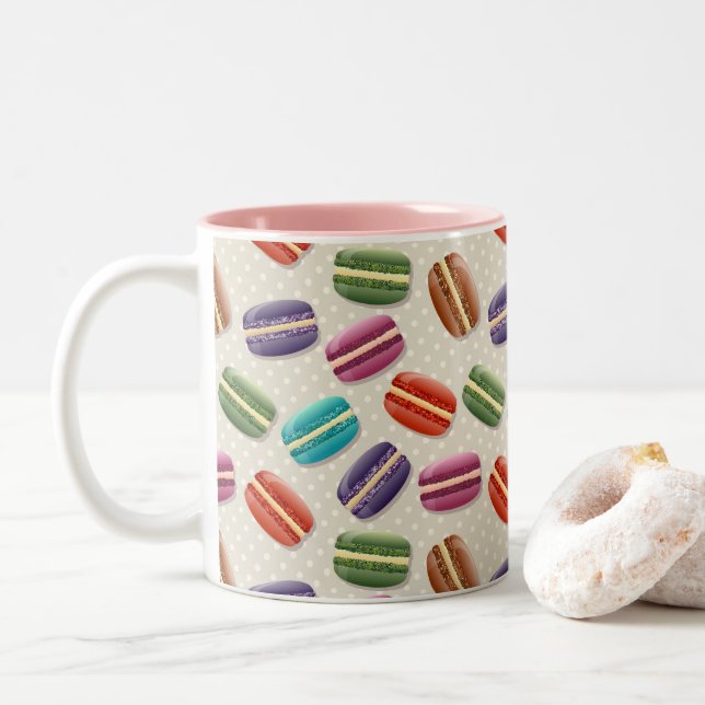 Cute Colourful Macarons Pattern with Polka Dots Two-Tone Coffee Mug (With Donut)