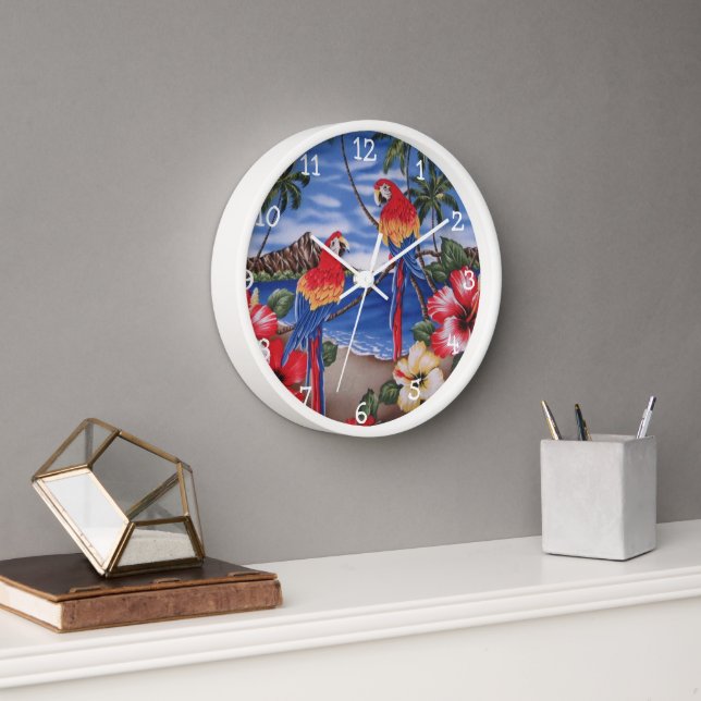 Cute Colourful Macaw Parrots On Hawaiian Beach Wall Clock (Office)