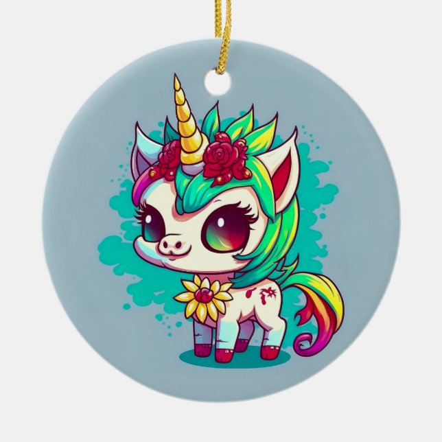 Cute Colourful Magical Creature Unicorn Artwork | Ceramic Tree Decoration (Front)