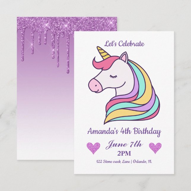 Cute Colourful Magical Unicorn Birthday Invitation (Front/Back)