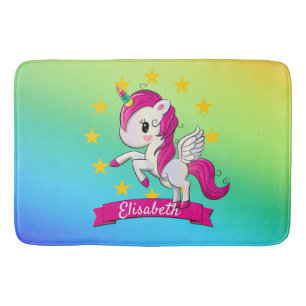 Cute Colourful Magical Unicorn Kids Name Bath Mat