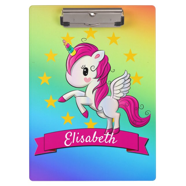 Cute Colourful Magical Unicorn Kids Name Clipboard (Front)