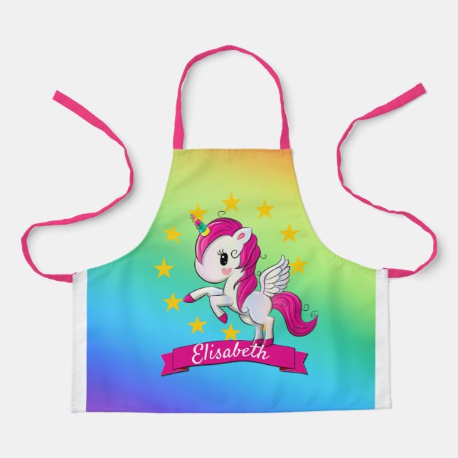 Cute Colourful Magical Unicorn Rainbow Kids Name Apron (Front)
