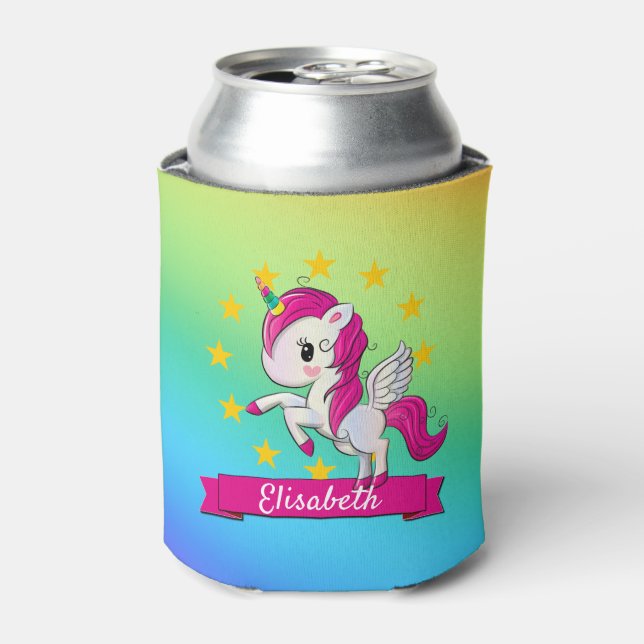 Cute Colourful Magical Unicorn Rainbow Kids Name Can Cooler (Can Front)