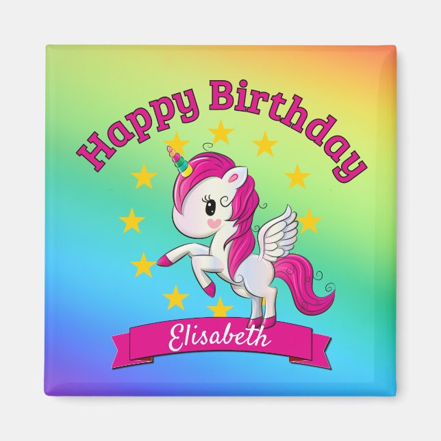 Cute Colourful Magical Unicorn Rainbow Kids Name Magnet (Front)